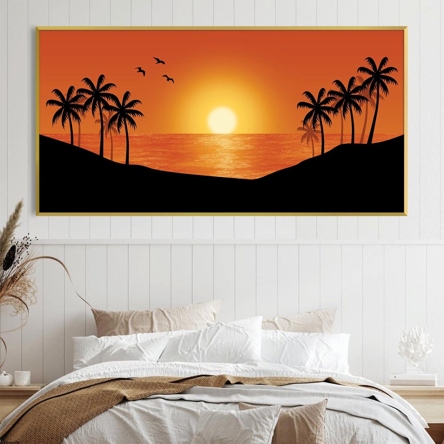 Tropical Hawaiian Sunset Oil Painting with Palm Trees and Serene Ocean View