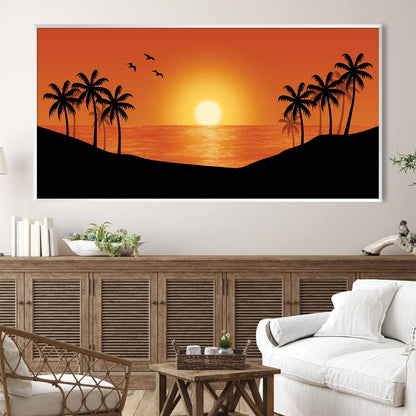 Tropical Hawaiian Sunset Oil Painting with Palm Trees and Serene Ocean View