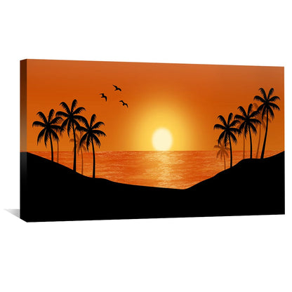 Tropical Hawaiian Sunset Oil Painting with Palm Trees and Serene Ocean View