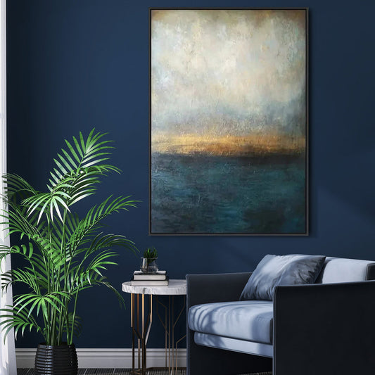 Serene Seascape Oil Painting with Ethereal Light and Calm Ocean Blues