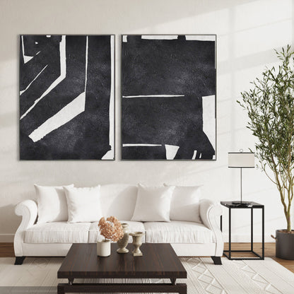 Abstract Black and White Dual Canvas Oil Painting for Modern Home Decor