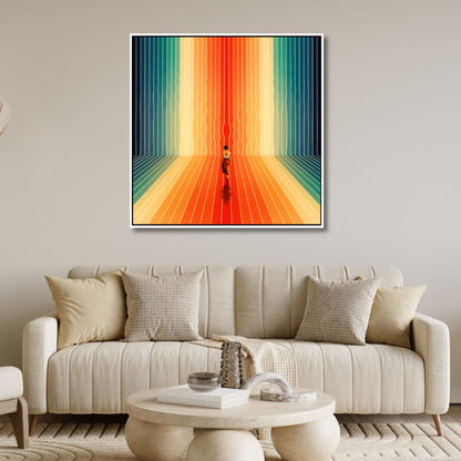 Vibrant Retro Sunrise Oil Painting - Abstract Figure on Colorful Path