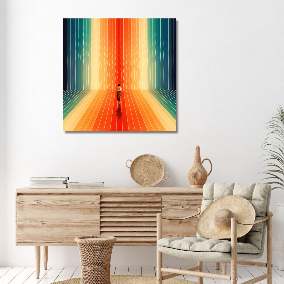 Vibrant Retro Sunrise Oil Painting - Abstract Figure on Colorful Path