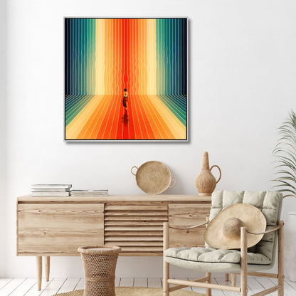 Vibrant Retro Sunrise Oil Painting - Abstract Figure on Colorful Path