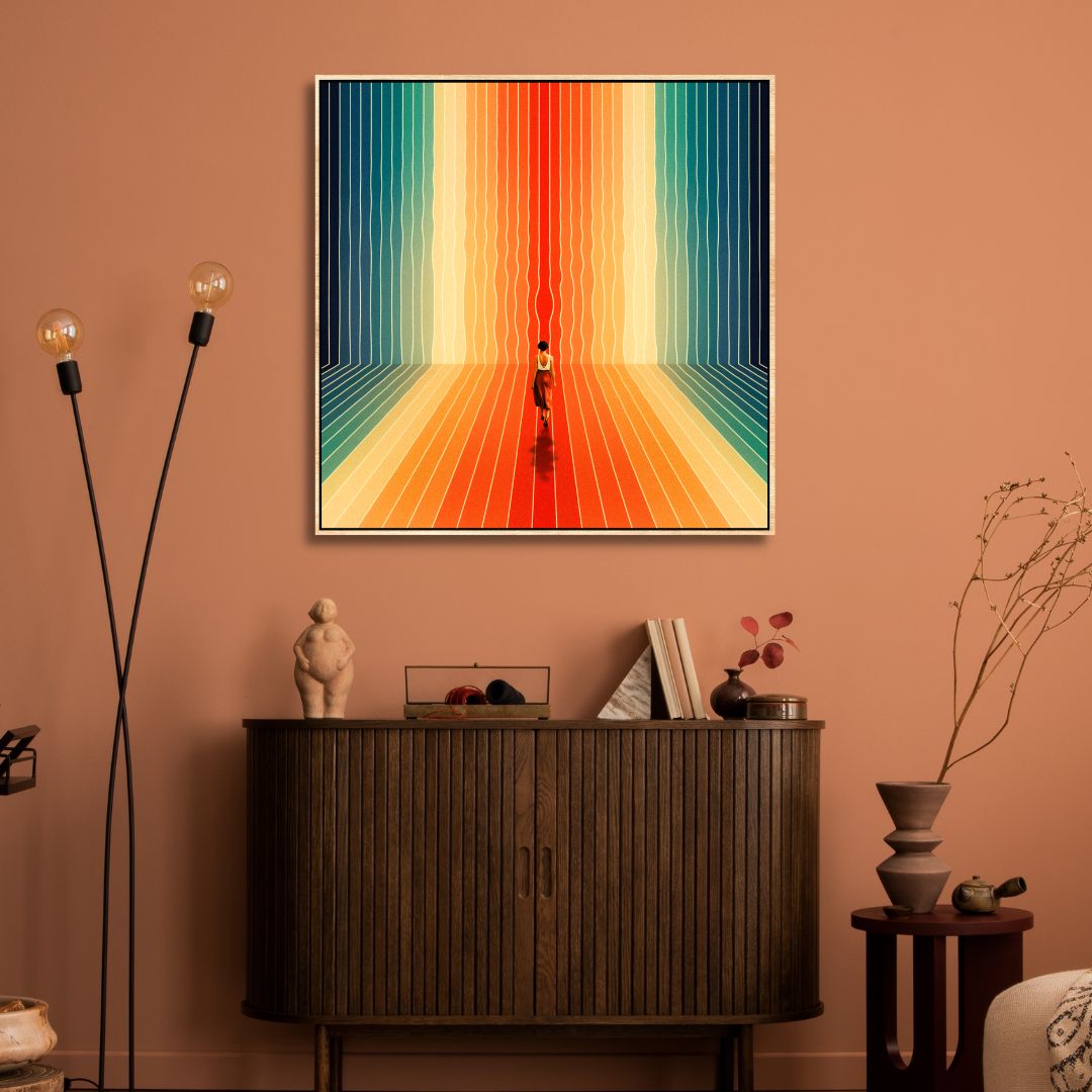 Vibrant Retro Sunrise Oil Painting - Abstract Figure on Colorful Path