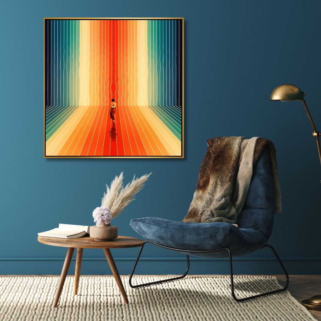 Vibrant Retro Sunrise Oil Painting - Abstract Figure on Colorful Path