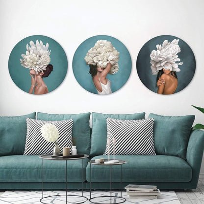 Elegant Floral Woman Oil Painting - Round Wall Art for Modern Decor