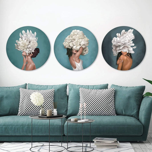 Elegant Floral Woman Oil Painting - Round Wall Art for Modern Decor