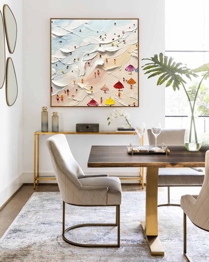 Vibrant Beach Scene Oil Painting with Colorful Umbrellas and Ocean Waves