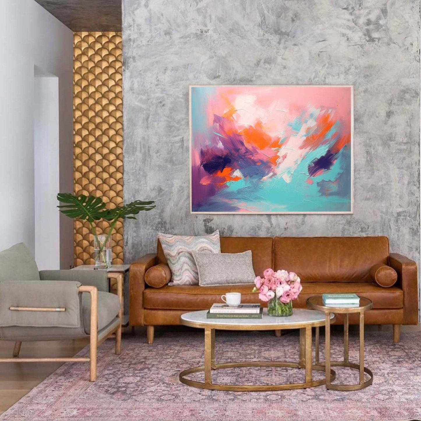 Vibrant Abstract Oil Painting in Pink and Teal for Modern Home Decor