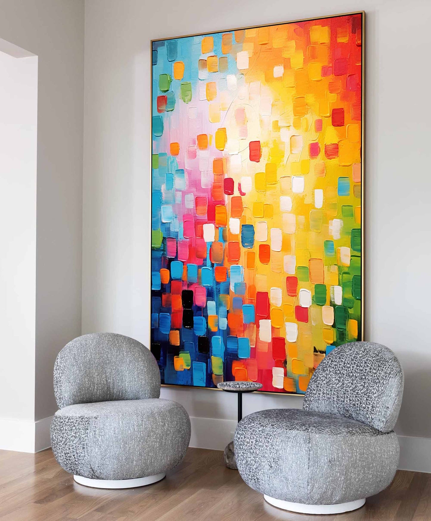 Vibrant Abstract Oil Painting with Colorful Square Patterns for Modern Home Decor