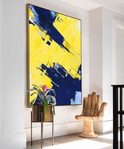 Vibrant Blue and Yellow Abstract Oil Painting for Modern Home Decor