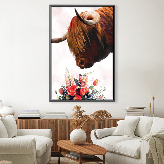 Highland Cow with Vibrant Floral Bouquet Oil Painting for Home Decor