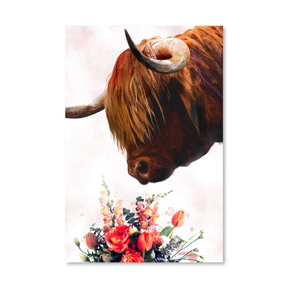 Highland Cow with Vibrant Floral Bouquet Oil Painting for Home Decor