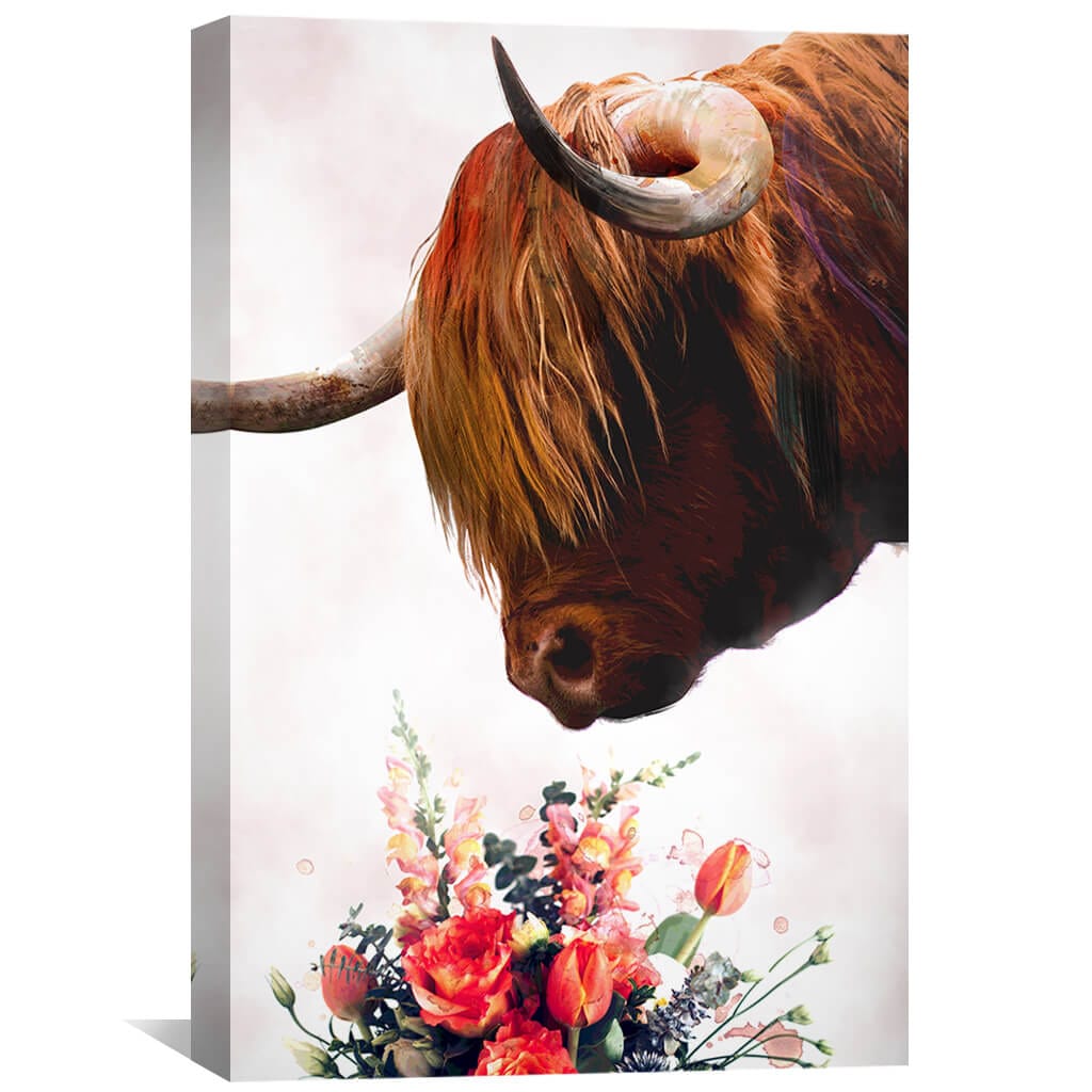 Highland Cow with Vibrant Floral Bouquet Oil Painting for Home Decor