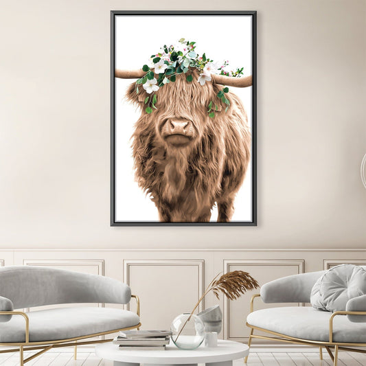 Floral Highland Cow Portrait Oil Painting for Rustic Home Decor