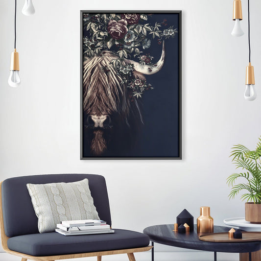Floral Highland Cow – Elegant Oil Painting for Home Decor