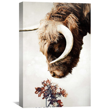 Beautiful Highland Cow with Flowers - Unique Oil Painting for Rustic Decor