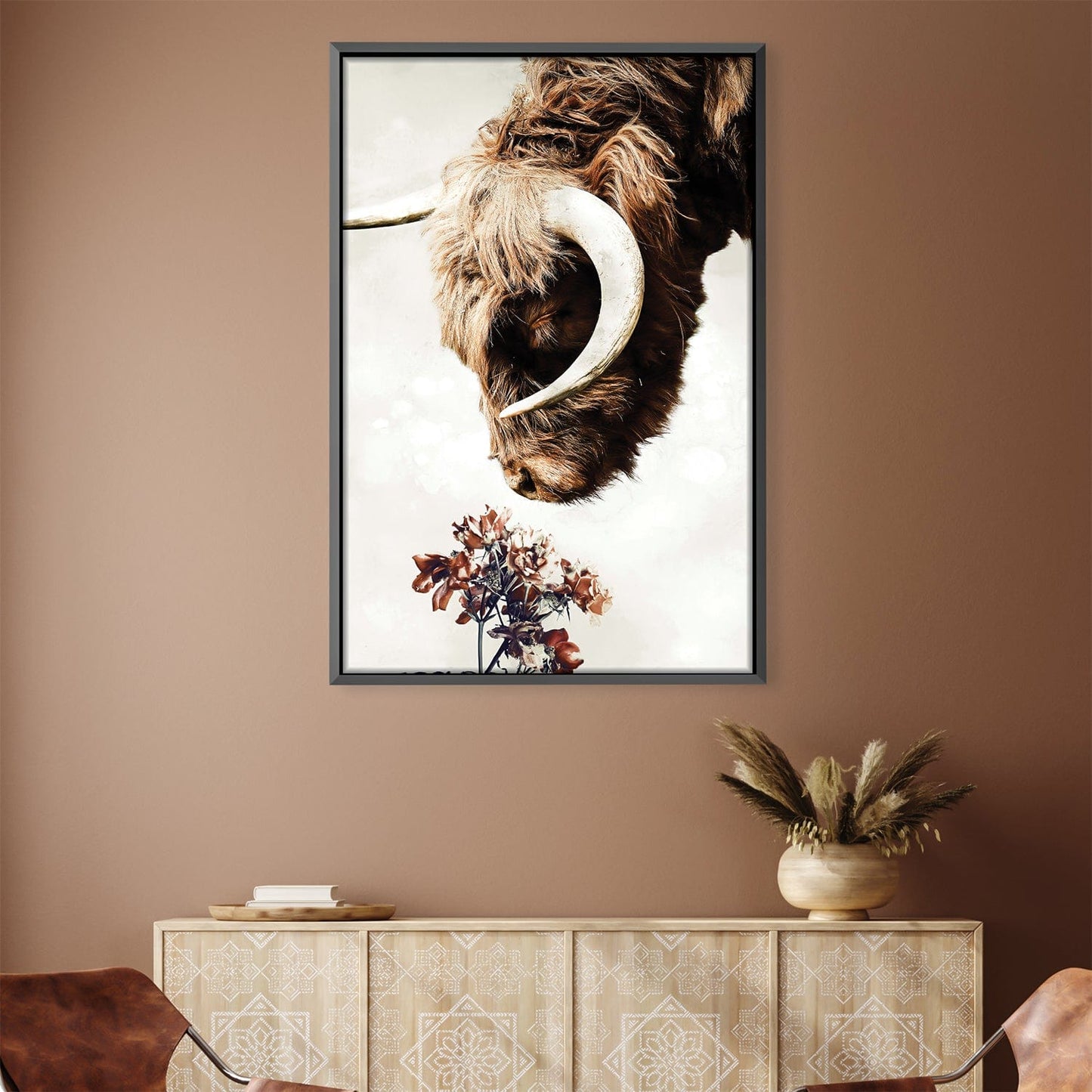 Beautiful Highland Cow with Flowers - Unique Oil Painting for Rustic Decor