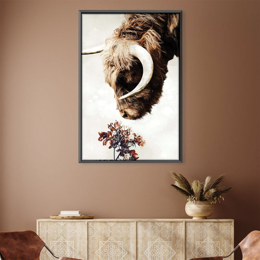 Beautiful Highland Cow with Flowers - Unique Oil Painting for Rustic Decor