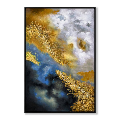 Celestial Harmony: Abstract Oil Painting in Gold and Blue Tones for Modern Decor