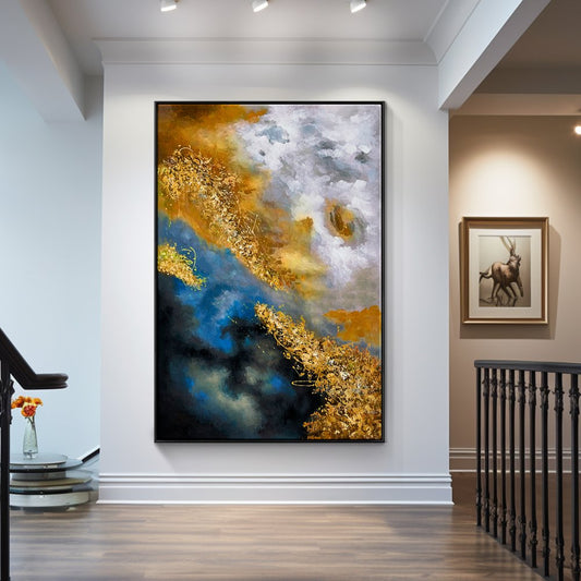 Celestial Harmony: Abstract Oil Painting in Gold and Blue Tones for Modern Decor