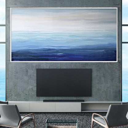 Serene Ocean Horizons Blue Abstract Oil Painting for Modern Home Decor