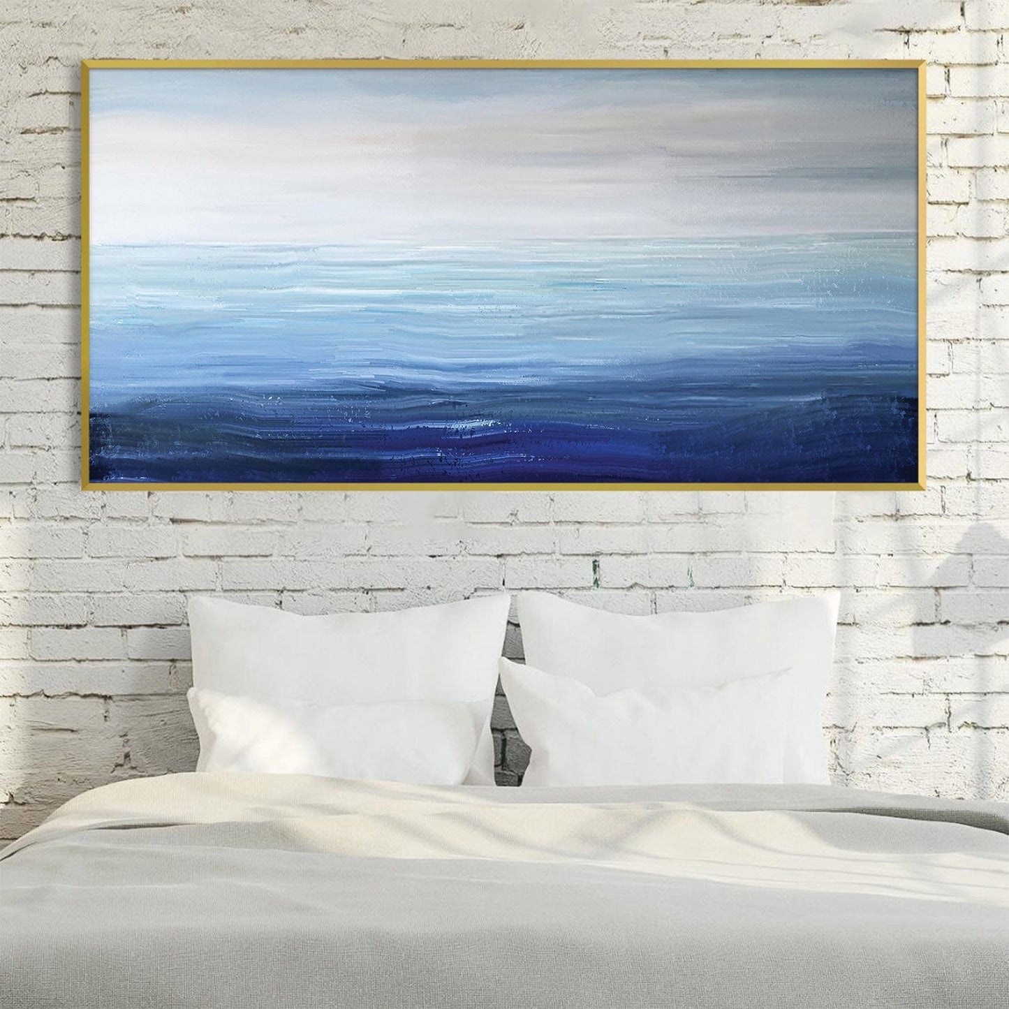 Serene Ocean Horizons Blue Abstract Oil Painting for Modern Home Decor