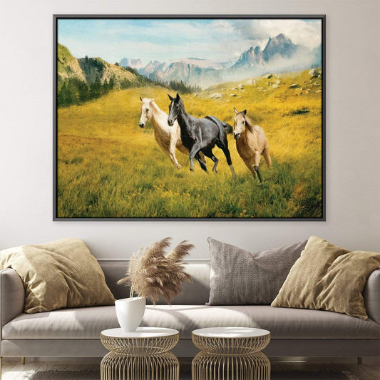 Majestic Horses Running in Vibrant Golden Meadow Oil Painting