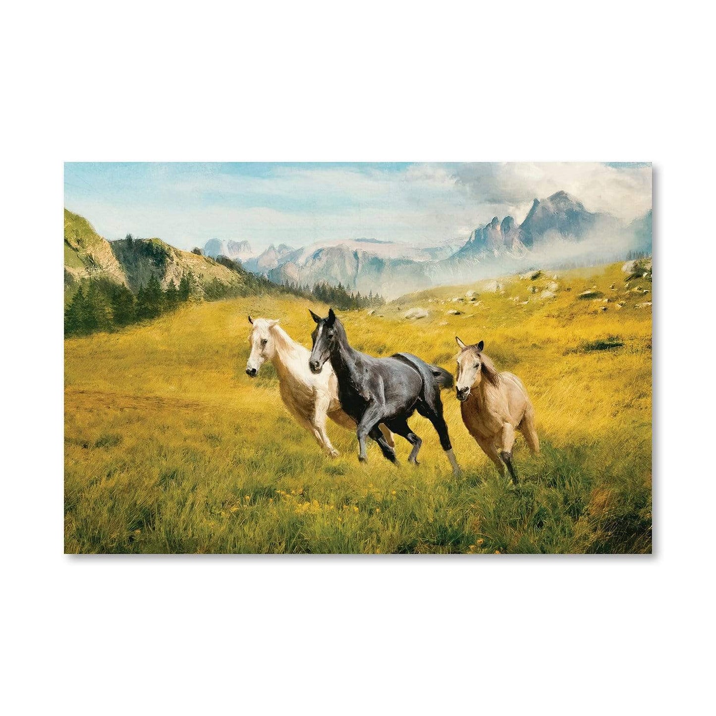 Majestic Horses Running in Vibrant Golden Meadow Oil Painting