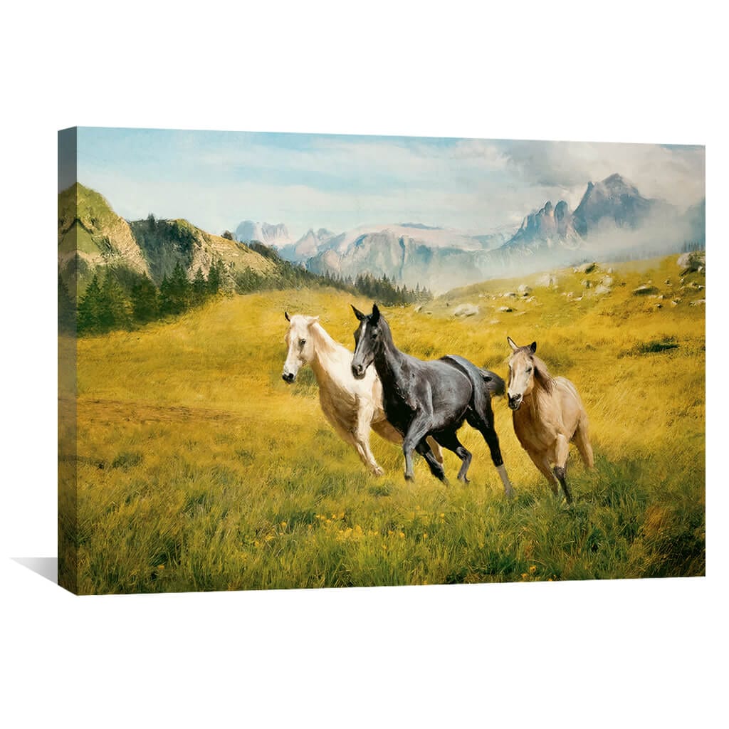 Majestic Horses Running in Vibrant Golden Meadow Oil Painting