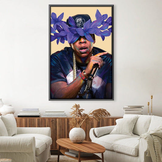 Vibrant Floral Portrait of a Bold Music Icon on Canvas