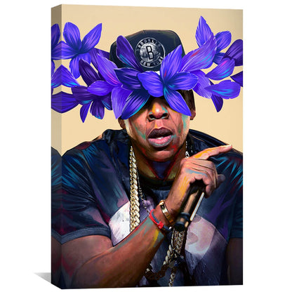 Vibrant Floral Portrait of a Bold Music Icon on Canvas