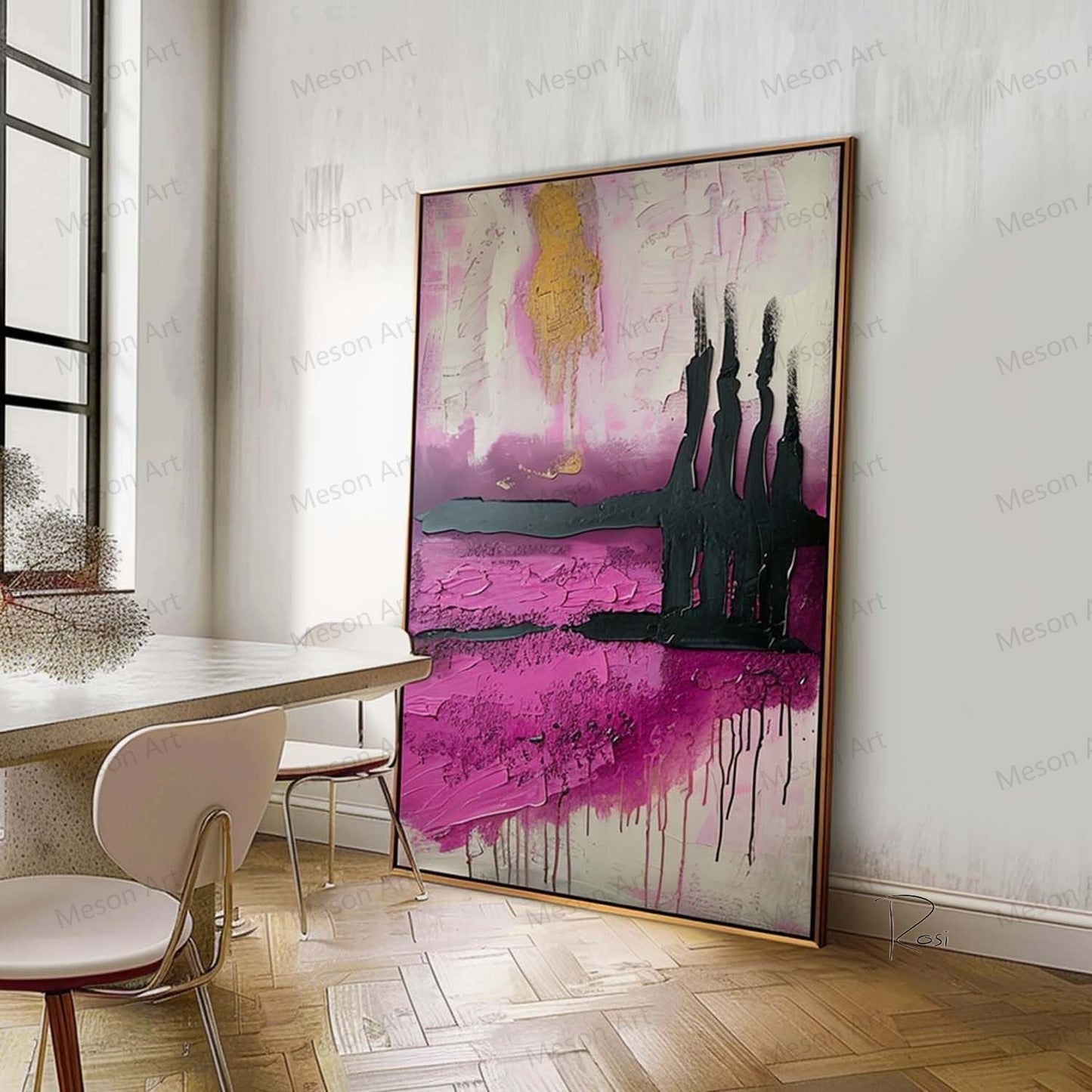 Abstract Pink and Black Oil Painting with Gold Accents for Modern Home Decor