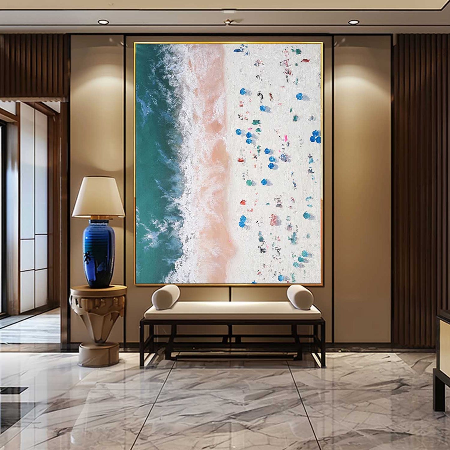 Vibrant Beach Waves Oil Painting with Textured Sand and Bright Colorful Details
