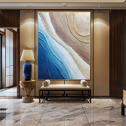Abstract Ocean Waves Oil Painting with Textured Layers in Blues and Neutrals