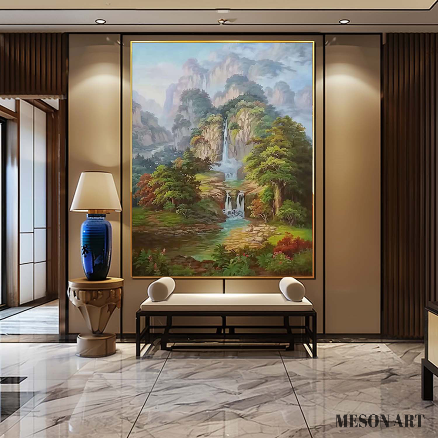 Serene Waterfall Landscape Oil Painting for Tranquil Home Décor