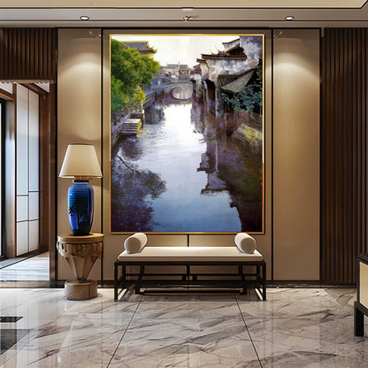 Tranquil Waterway Landscape Oil Painting in Hyperrealism Style