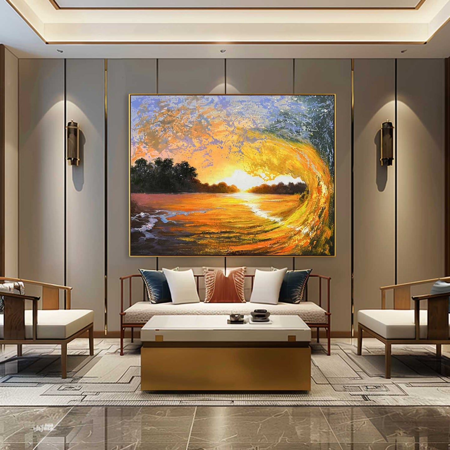 Vibrant Sunset Wave Oil Painting - Hyperrealistic Seascape Art for Home Decor