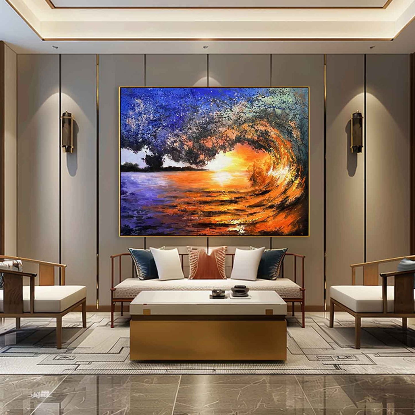 Stunning Sunset Wave - Vibrant Ocean Oil Painting for Home Decor