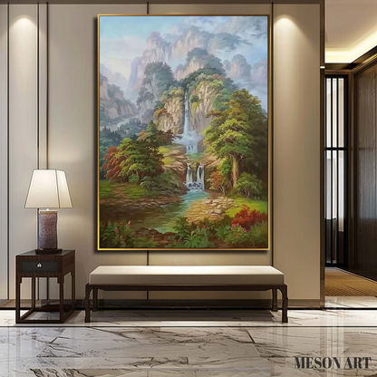 Serene Waterfall Landscape Oil Painting for Tranquil Home Décor