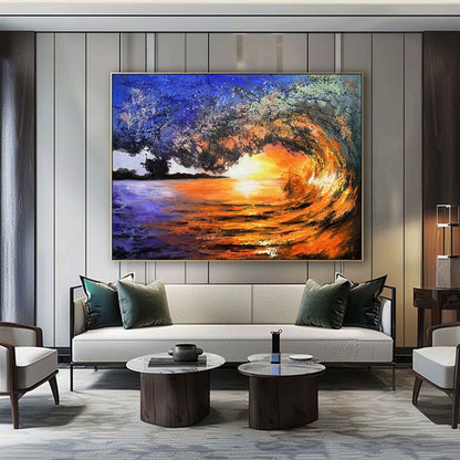 Stunning Sunset Wave - Vibrant Ocean Oil Painting for Home Decor