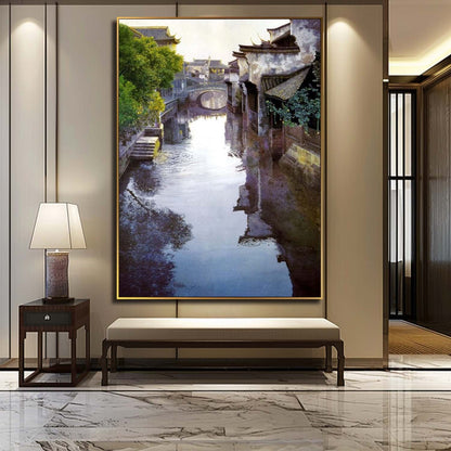 Tranquil Waterway Landscape Oil Painting in Hyperrealism Style