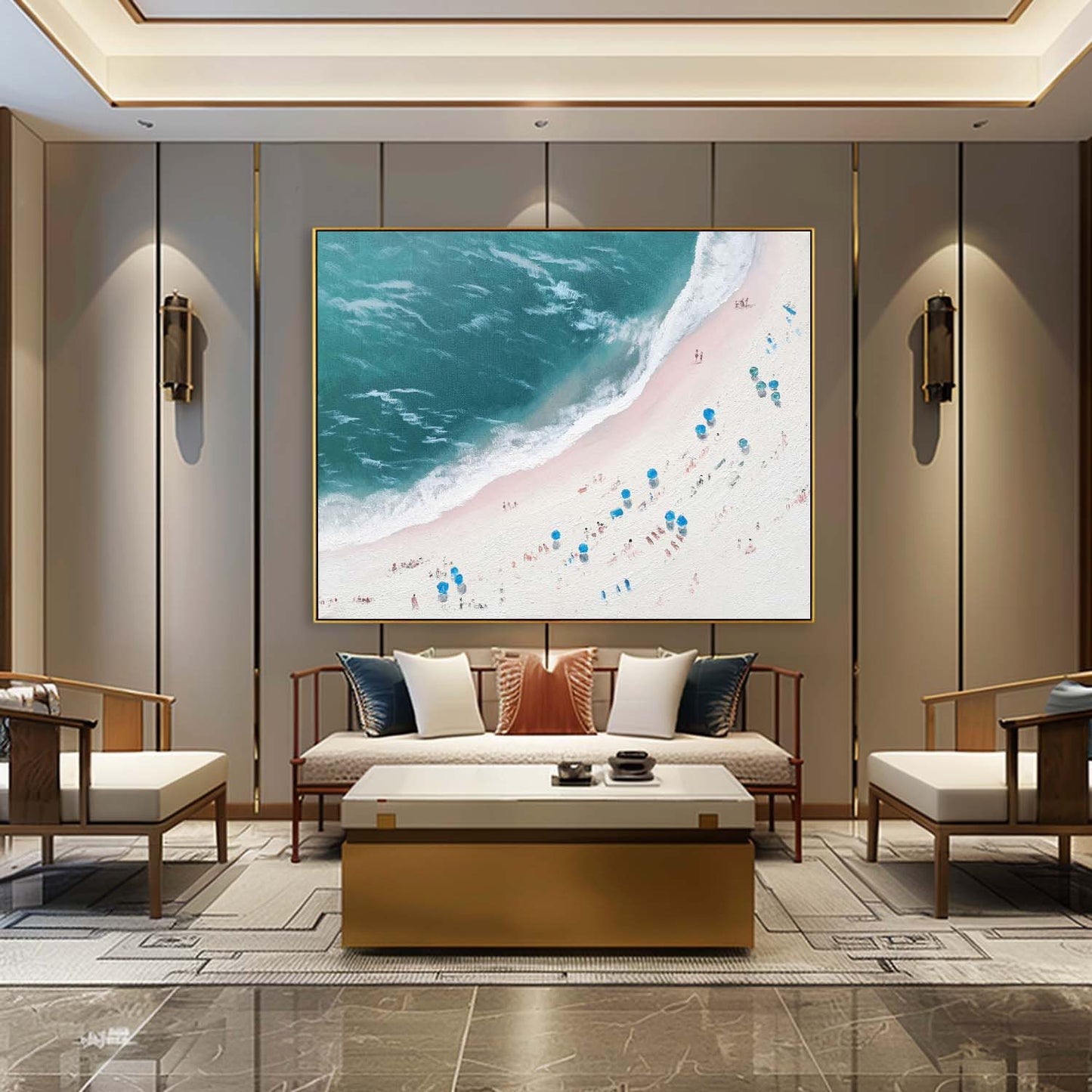 Serene Beachscape Oil Painting with Vibrant Ocean and Sunbathers