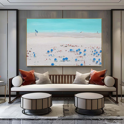Vibrant Beach Scene Oil Painting with Colorful Umbrellas and Soft Sky