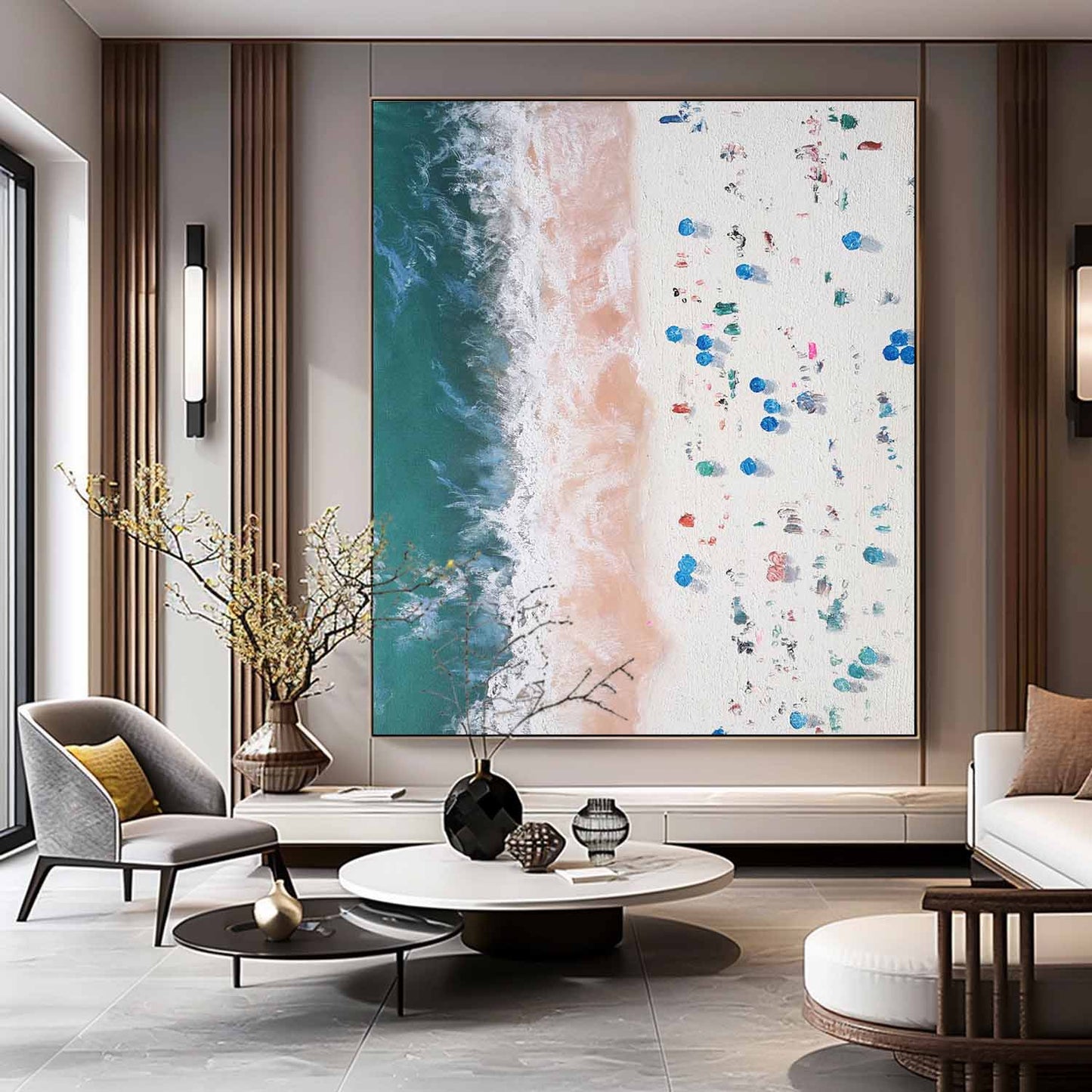 Vibrant Beach Waves Oil Painting with Textured Sand and Bright Colorful Details