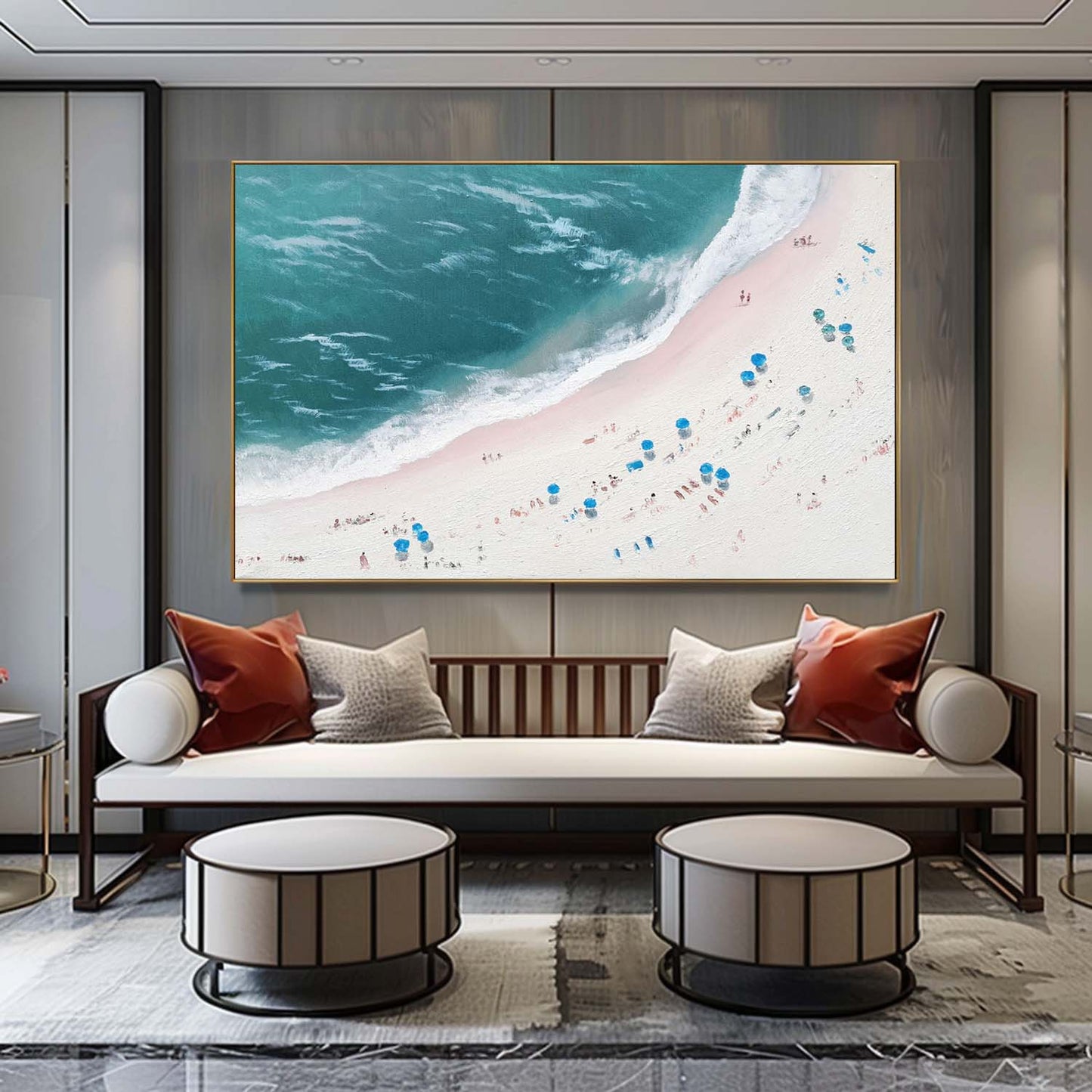 Serene Beachscape Oil Painting with Vibrant Ocean and Sunbathers