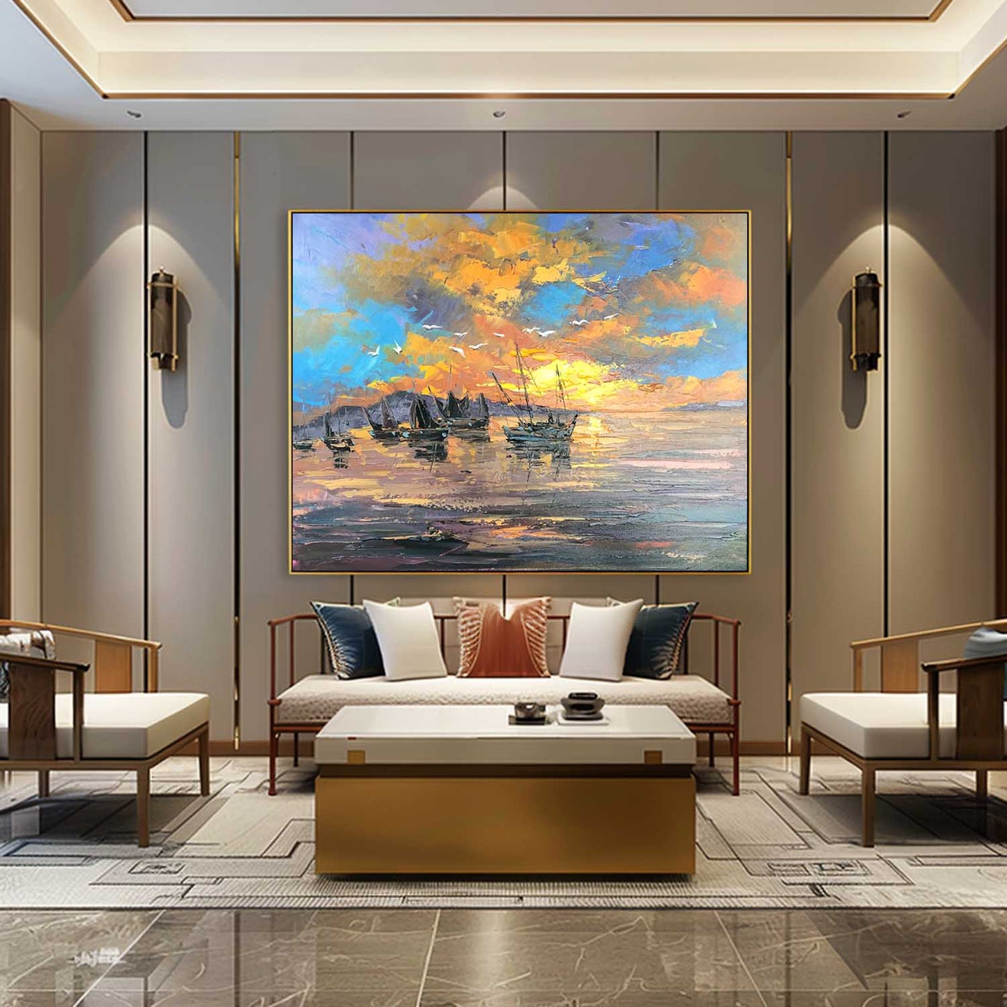 Vibrant Sunset Over Calm Waters with Fishing Boats - Oil Painting