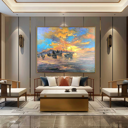 Vibrant Sunset Over Calm Waters with Fishing Boats - Oil Painting