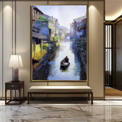 Tranquil Waterway: Stunning Hyperrealistic Oil Painting of a Serene Canal Scene